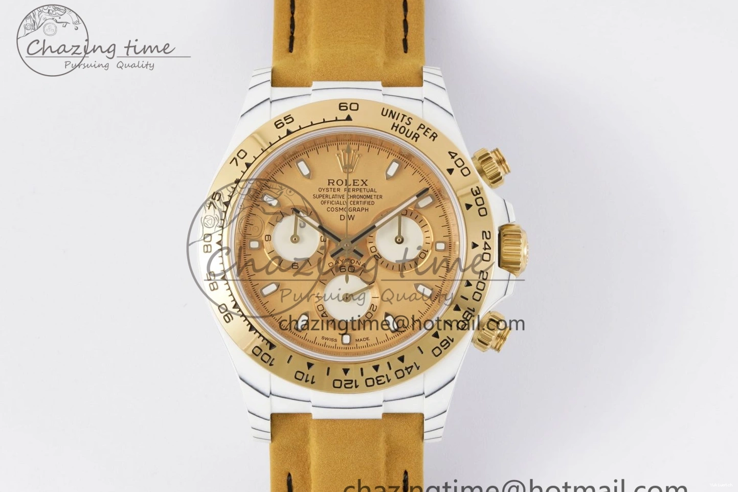 Daytona Bezel Leather Strap A7750 on White DIWF YG Dial DIW Brown YG Edition Case Carbon 0430